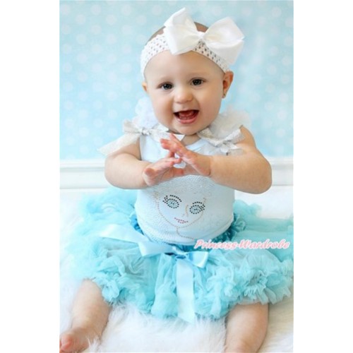 Light Blue Baby Pettitop with White Ruffles & Sparkle Silver Grey Bows with Sparkle Crystal Bling Rhinestone Princess Elsa Print & Light Blue Newborn Pettiskirt With White Headband White Silk Bow NG1454 
